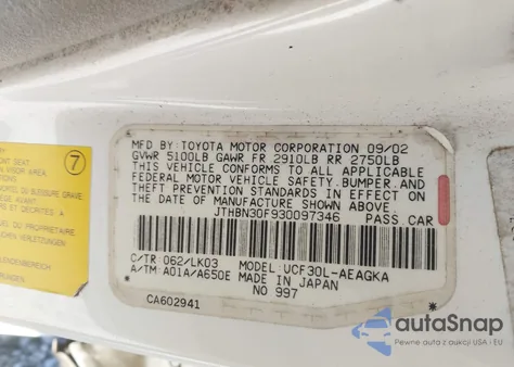 2003 Lexus Ls 430 z USA, uszkodzony, nr VIN JTHBN30F930097346